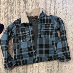 Urban Republic Black and Blue Plaid Jean Jacket with Sherpa Collar